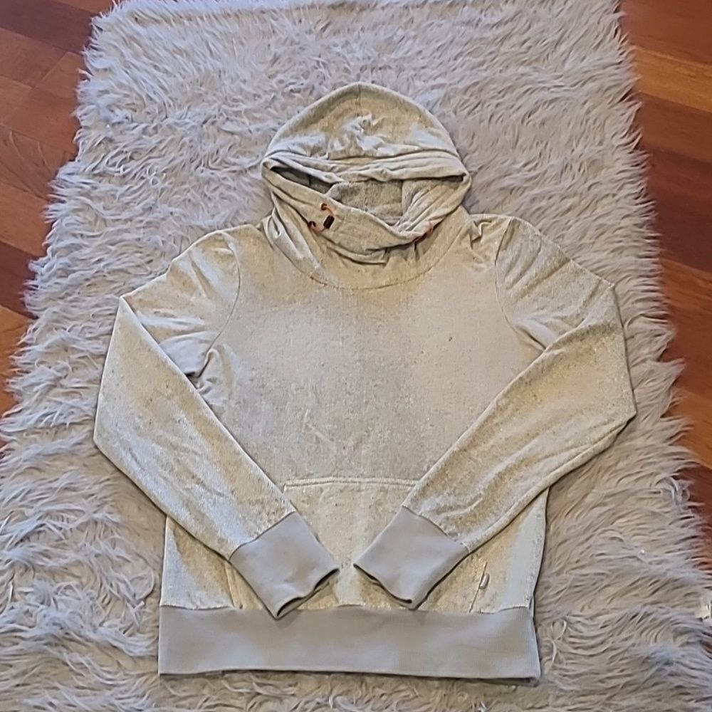 Bench womens gray and white stripped fleece lined hood hooded sweatshirt